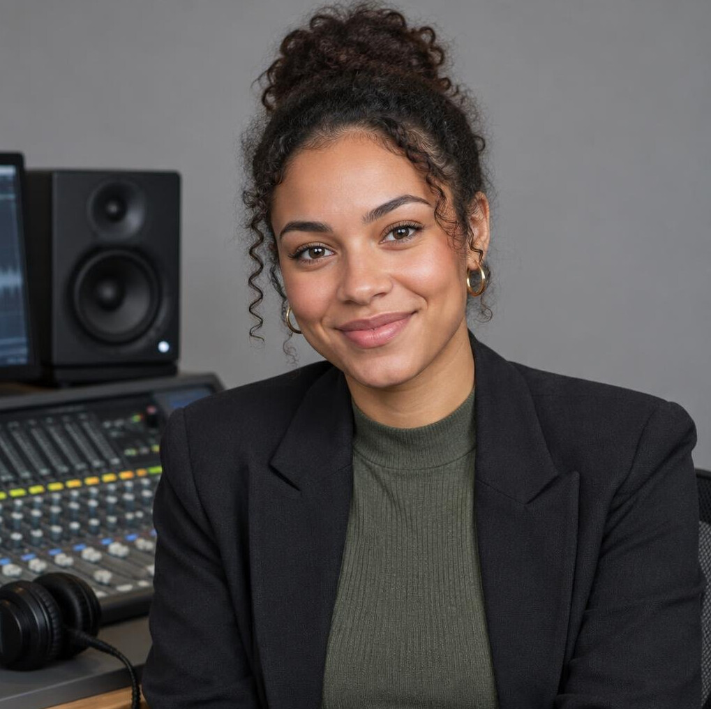 Portrait of a mixed-race British female sound engineer and trainer