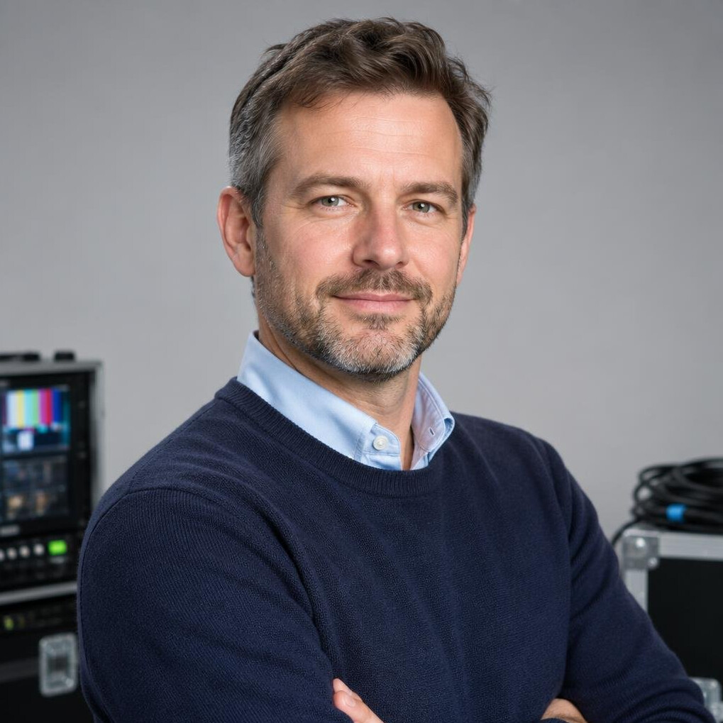 Portrait of a White British male broadcast engineer in a television studio
