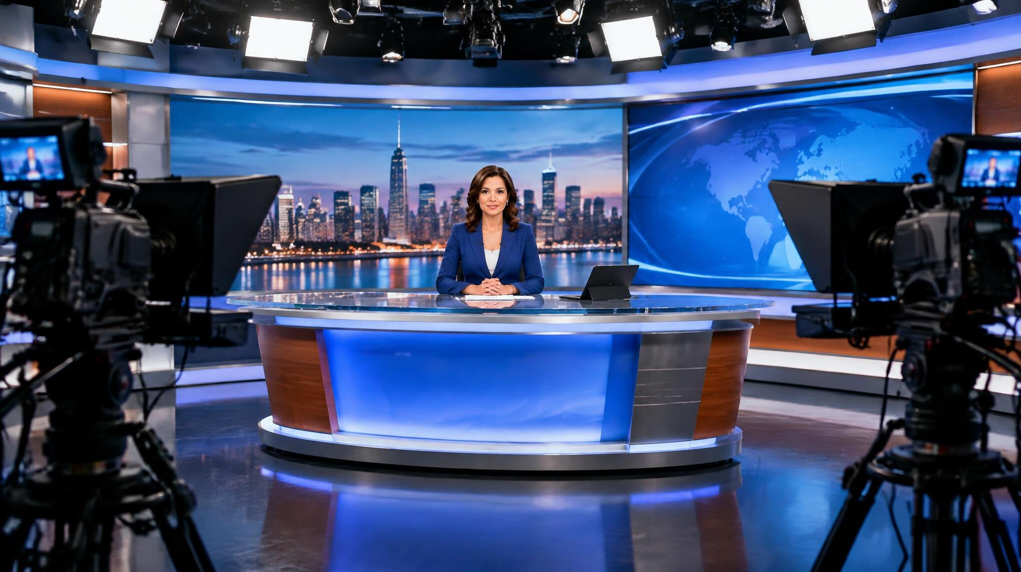 News presenter desk set with cameras and lights ready for a live television broadcast