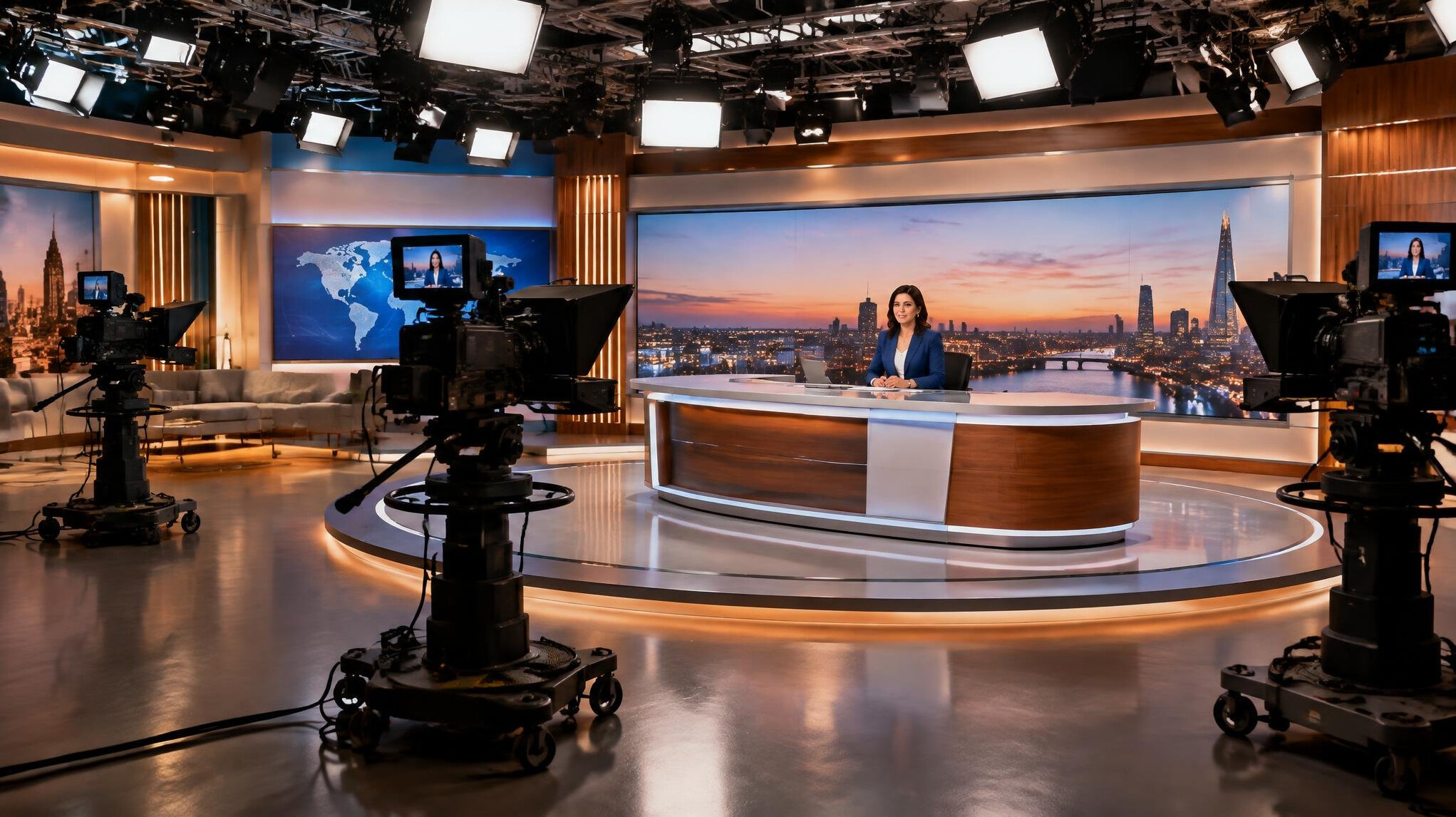 Television studio with cameras, lighting rig and presenter desk ready for a live broadcast