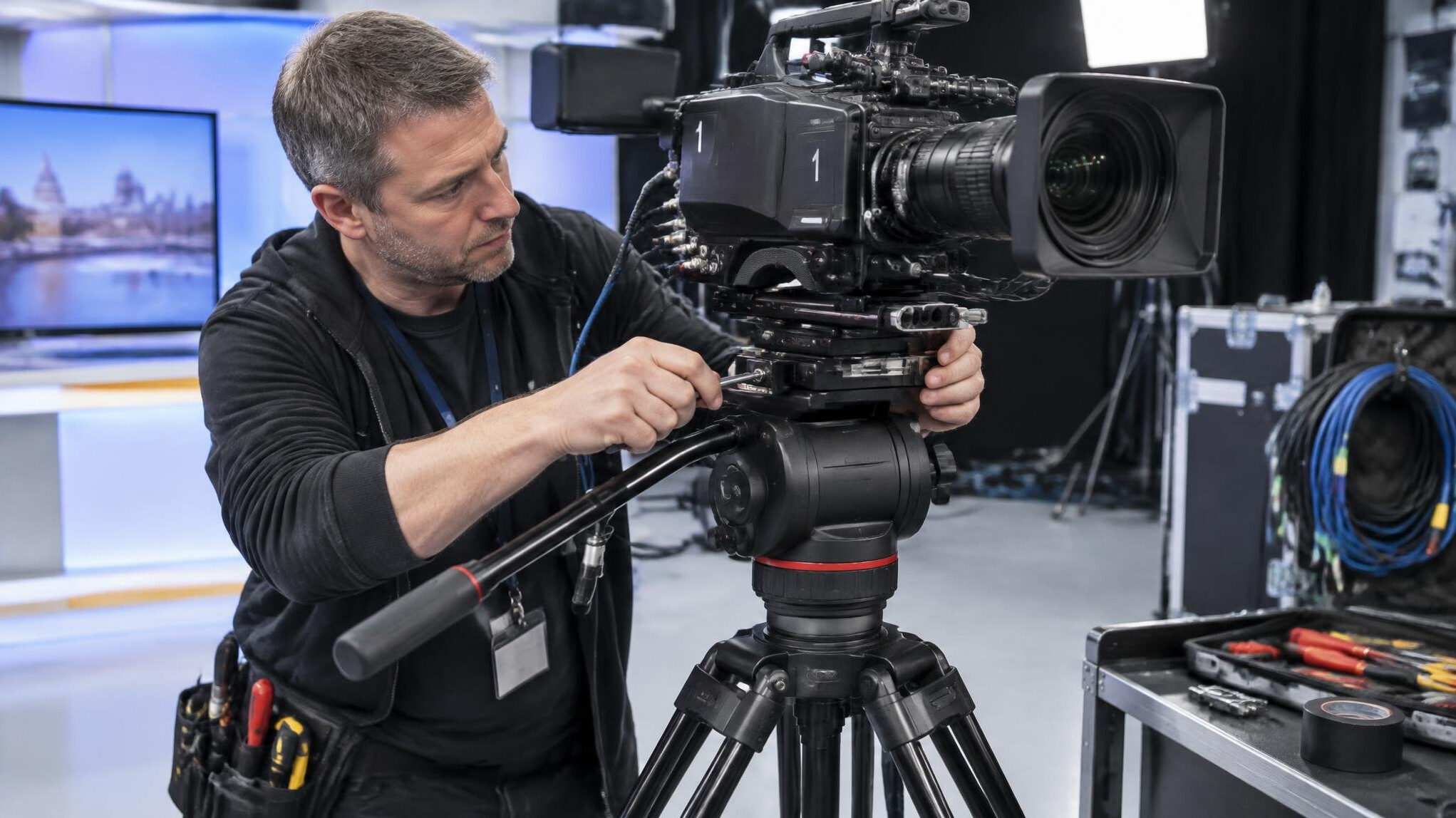 Technician assembling and rigging broadcast camera equipment on a tripod in a studio