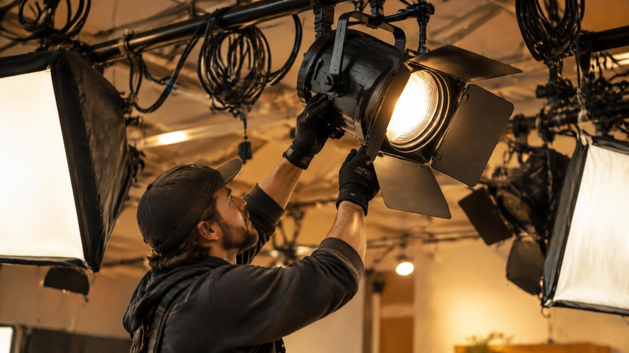 Lighting technician adjusting studio spotlights on an overhead grid